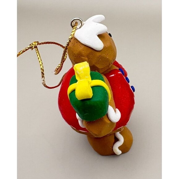Vintage Gingerbread Man Christmas Tree Ornament Holding Gift Carved Clay Style - Picture 6 of 8